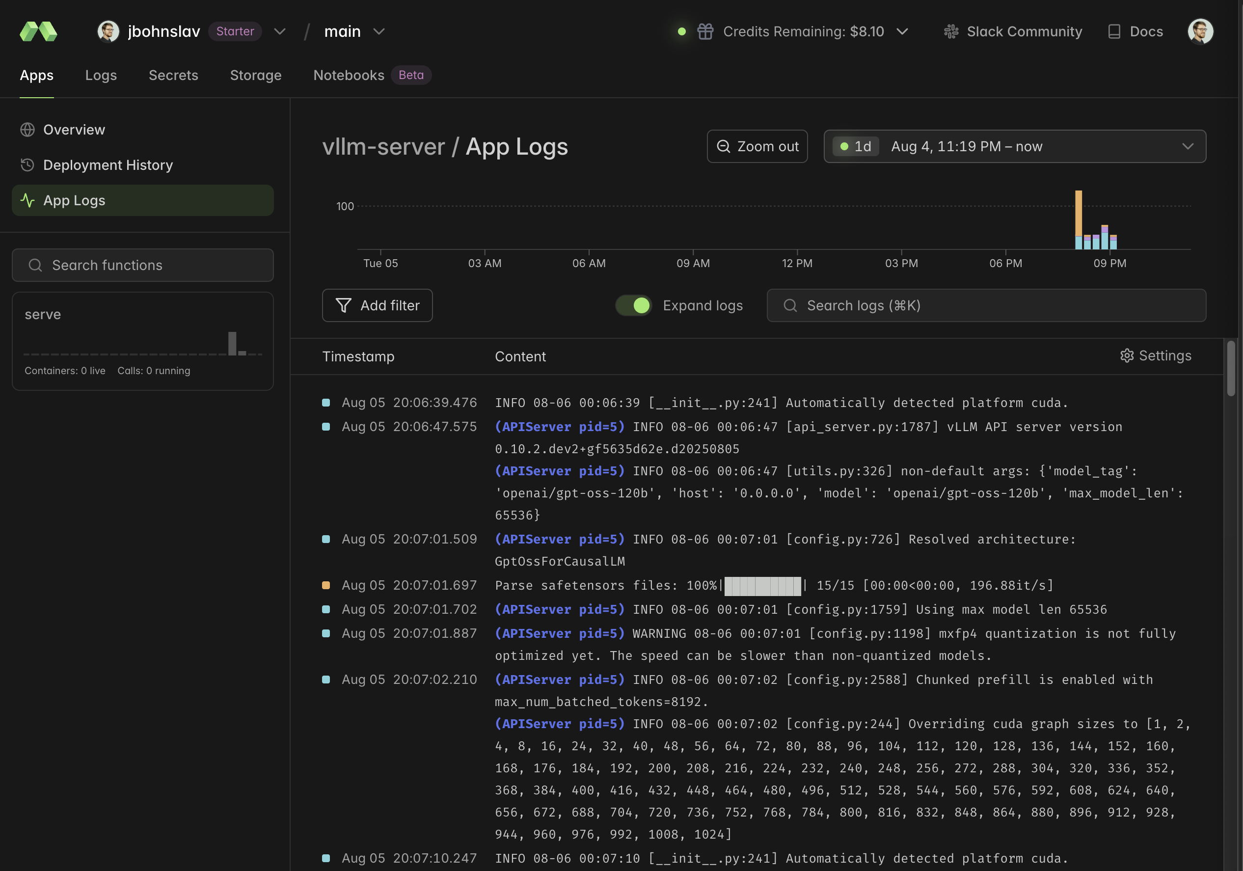 Modal logs screenshot
